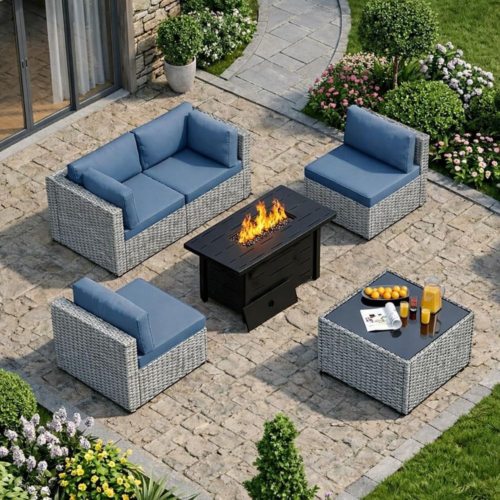 Outdoor Furniture With Fire Pit Table - 5-Piece Outdoor Patio Furniture Set with