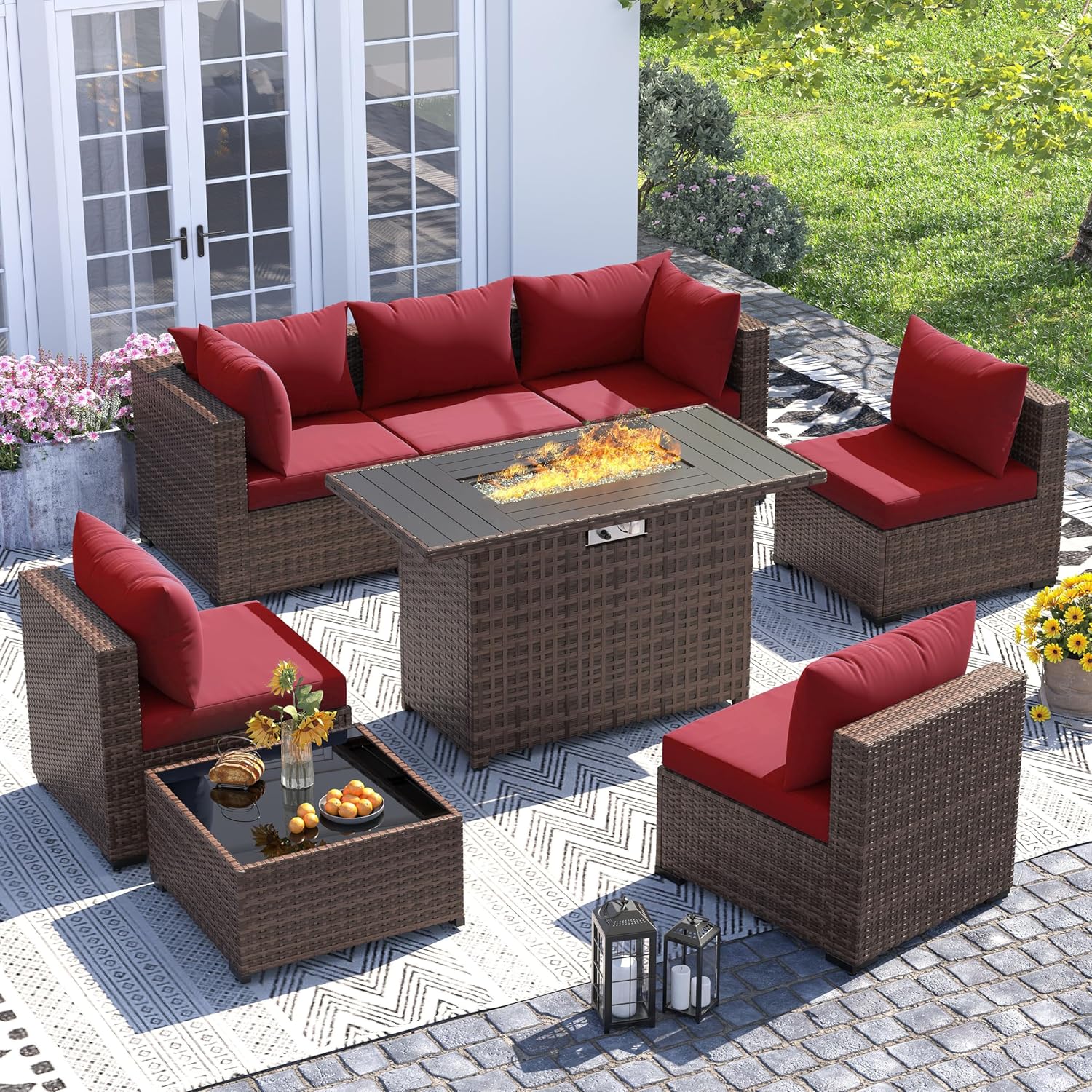 Outdoor Furniture With Fire Pit Table - 8pc All-Weather Wicker Sectional Sofa &