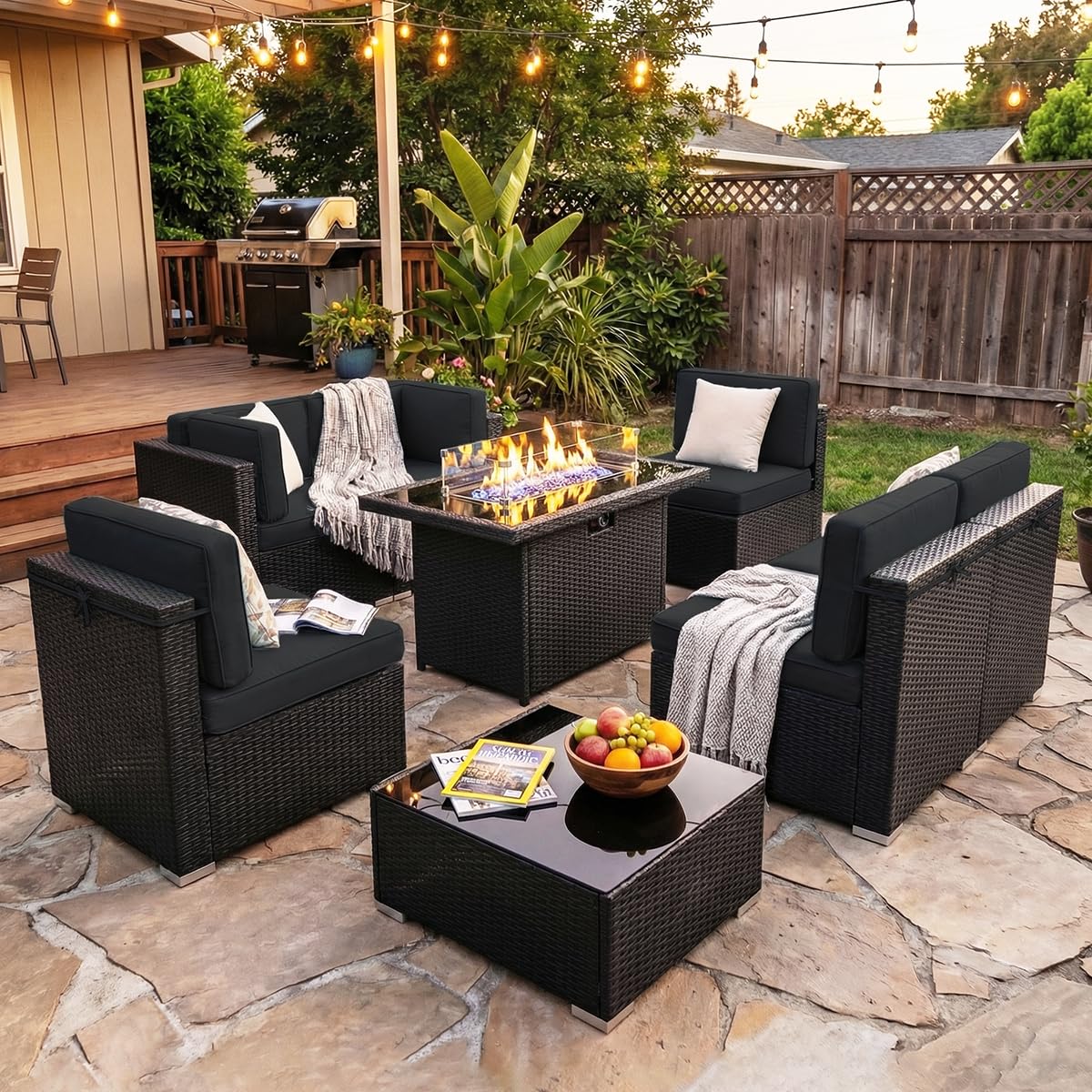Outdoor Furniture With Fire Pit Table - 8 Pieces Patio Furniture Set with
