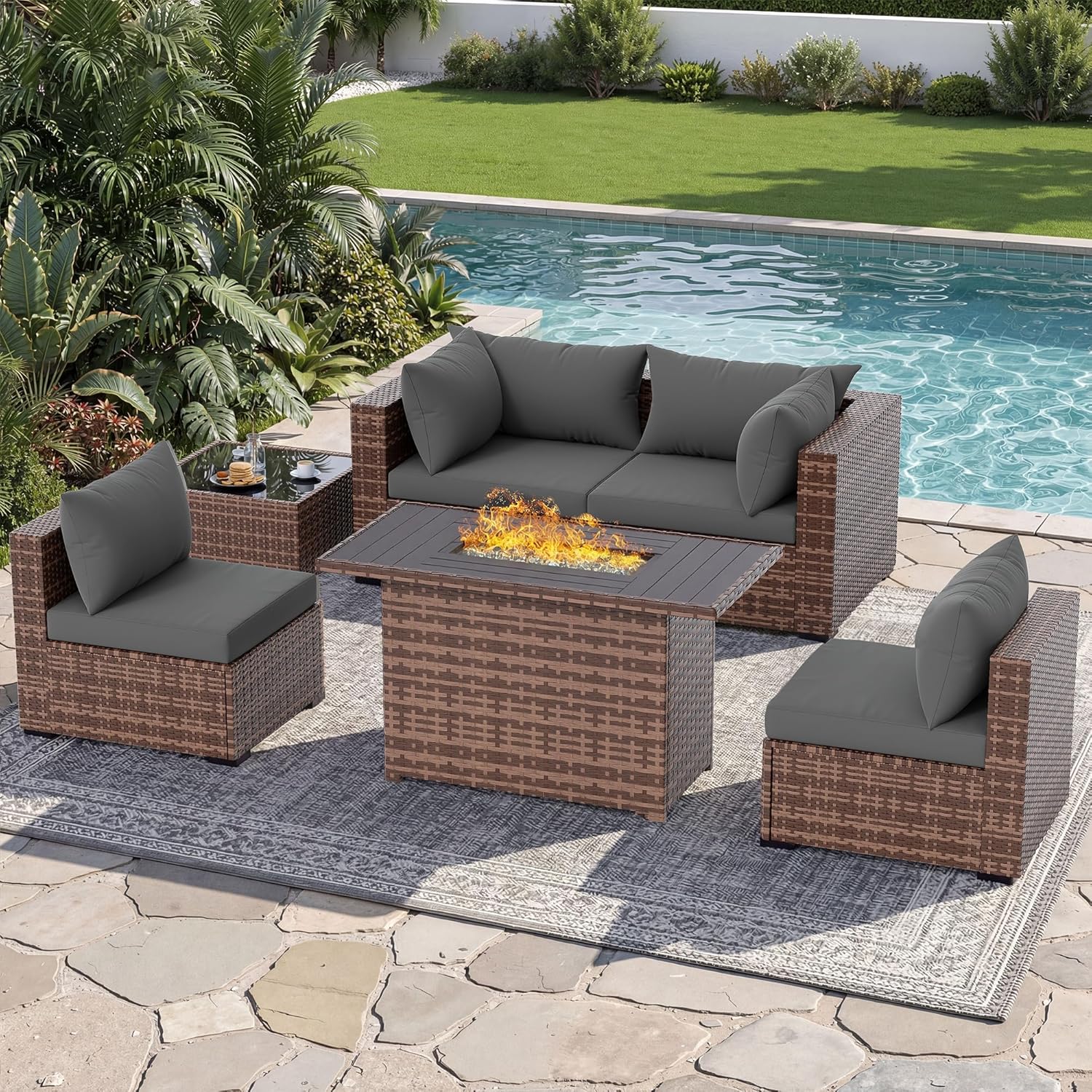 Outdoor Furniture With Fire Pit Table - 5-Piece Outdoor Sectional Sofa Set with
