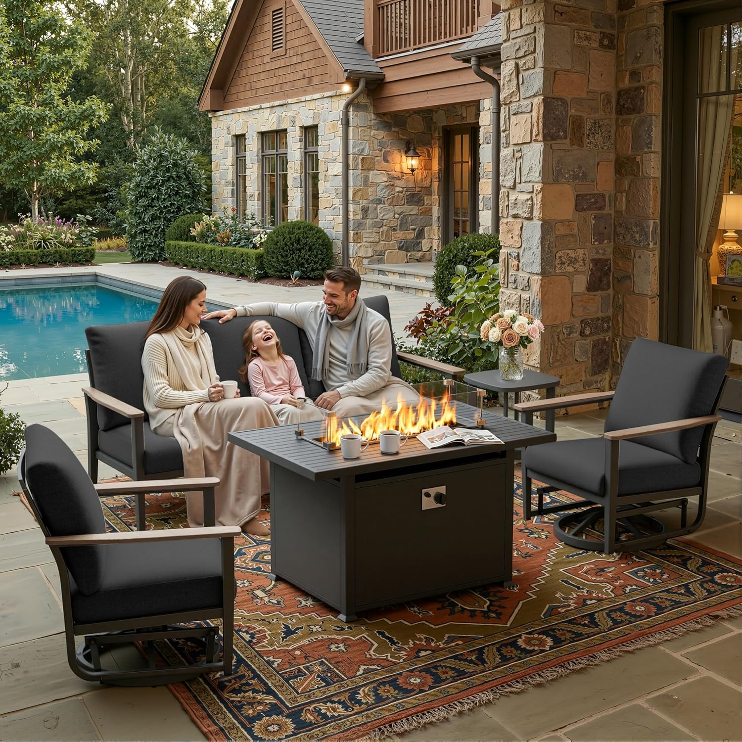 Outdoor Furniture With Fire Pit - 5pc Aluminum Patio Set Swivel Rockers